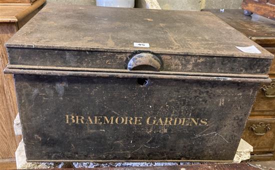 A Victorian painted tin trunk marked Braemoor Gardens, width 53cm